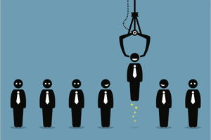 Line of workers with one being picked up by a crane.