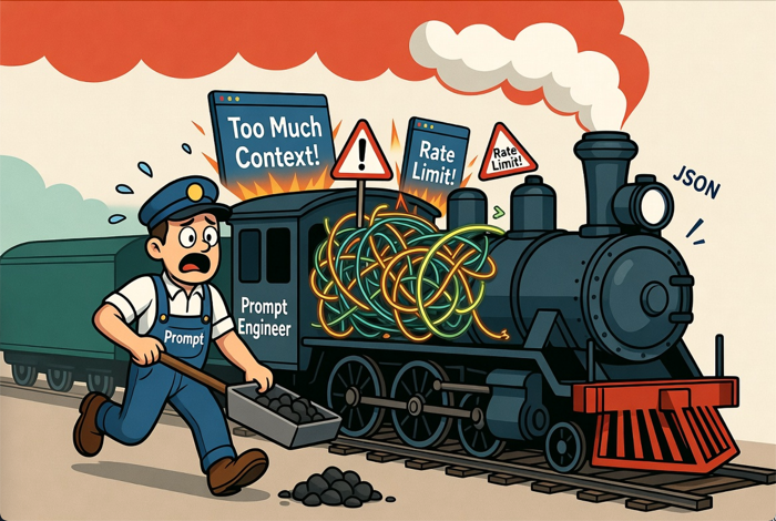 Cartoon with an old fashioned train engineer doing AI prompt engineering.